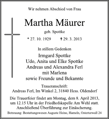 Traueranzeige von Martha Mäurer von Deister- und Weserzeitung