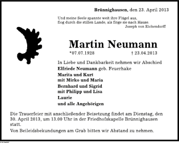Traueranzeige von Martin Neumann von Deister- und Weserzeitung