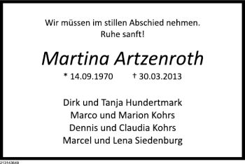 Traueranzeige von Martina Artzenroth von Deister- und Weserzeitung