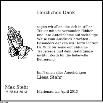 Traueranzeige von Max Stehr von Deister- und Weserzeitung