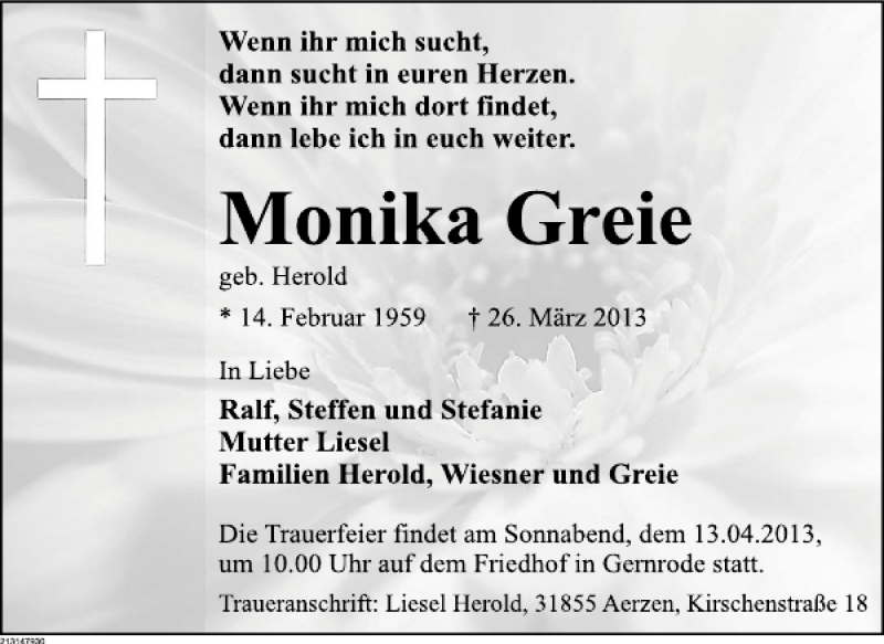  Traueranzeige für Momika Greie vom 13.04.2013 aus Deister- und Weserzeitung
