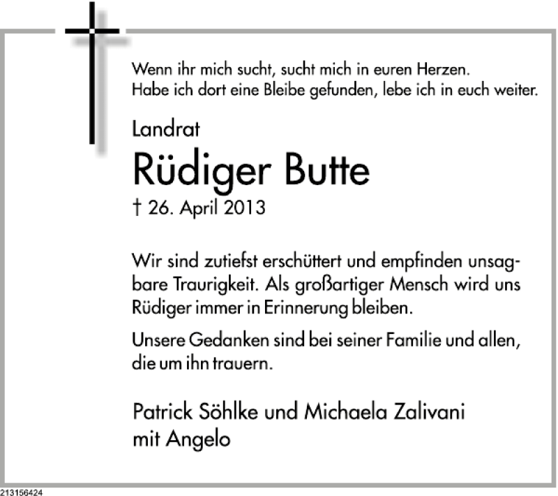  Traueranzeige für Nachruf Butte vom 30.04.2013 aus Deister- und Weserzeitung