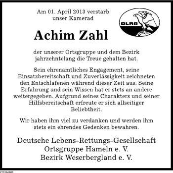 Traueranzeige von Nachruf Achim Zahl von Deister- und Weserzeitung