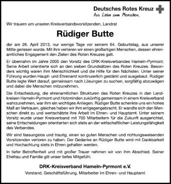 Traueranzeige von Nachruf R. Butte von Deister- und Weserzeitung