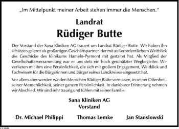 Traueranzeige von Nachruf R. Butte von Deister- und Weserzeitung