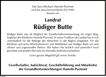 Traueranzeige von Nachruf R. Butte von Deister- und Weserzeitung