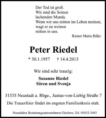 Traueranzeige von Peter Riedel von Deister- und Weserzeitung