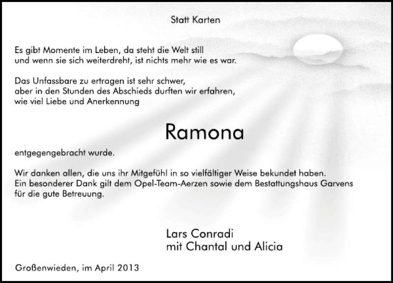  Traueranzeige für Ramona Conradi vom 13.04.2013 aus Deister- und Weserzeitung