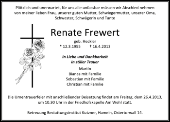 Traueranzeige von Renate Frewert von Deister- und Weserzeitung