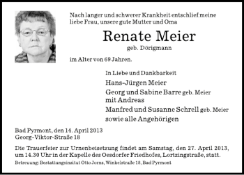 Traueranzeige von Renate Meier von Deister- und Weserzeitung