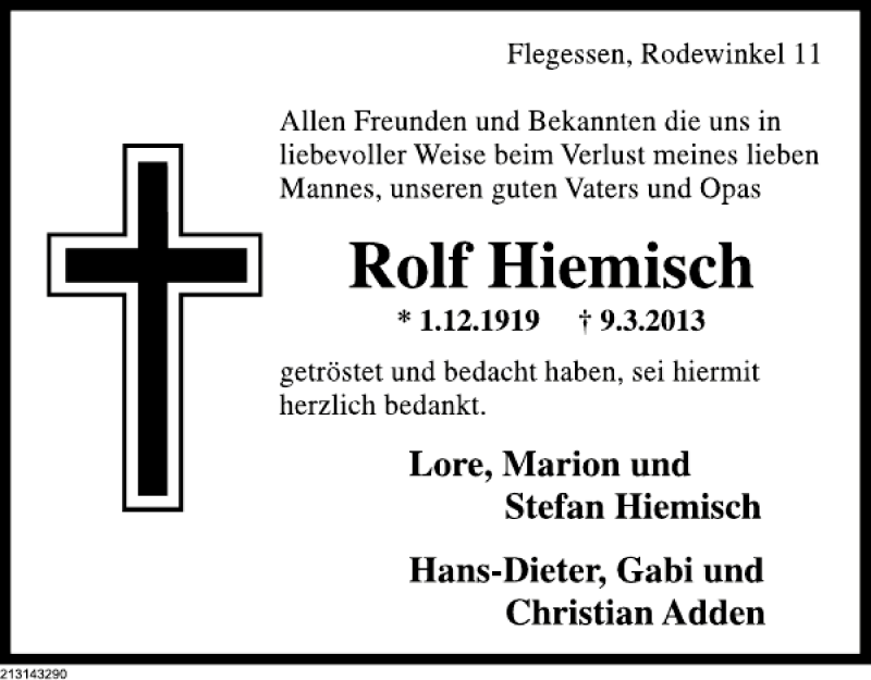  Traueranzeige für Rolf Hiemisch vom 03.04.2013 aus Deister- und Weserzeitung