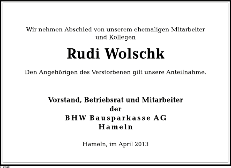  Traueranzeige für Rudi Wolschk vom 29.04.2013 aus Deister- und Weserzeitung