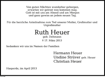 Traueranzeige von Ruth Heuer von Deister- und Weserzeitung
