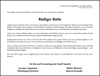 Traueranzeige von Rüdiger Butte von Deister- und Weserzeitung