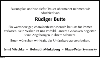 Traueranzeige von Rüdiger Butte von Deister- und Weserzeitung