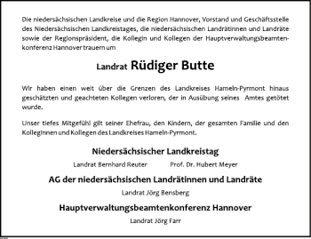 Traueranzeige von Rüdiger Butte von Deister- und Weserzeitung