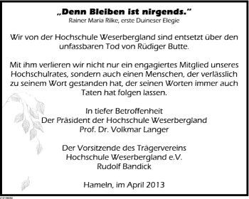 Traueranzeige von Rüdiger Butte von Deister- und Weserzeitung