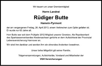 Traueranzeige von Rüdiger Butte von Deister- und Weserzeitung