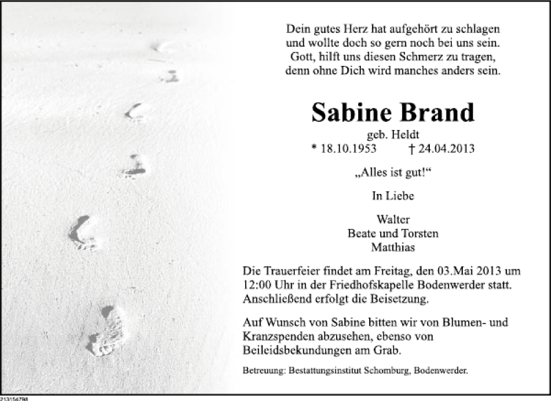  Traueranzeige für Sabine Brand vom 27.04.2013 aus Deister- und Weserzeitung