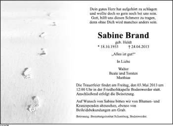Traueranzeige von Sabine Brand von Deister- und Weserzeitung
