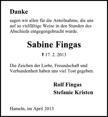 Traueranzeige von Sabine Fingas von Deister- und Weserzeitung