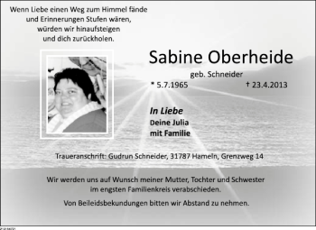 Traueranzeige von Sabine Oberheide von Deister- und Weserzeitung