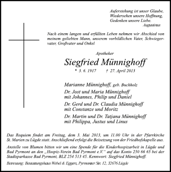 Traueranzeige von Siegfried Münnighoff von Deister- und Weserzeitung
