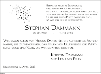 Traueranzeige von Stephan Dammann von Deister- und Weserzeitung