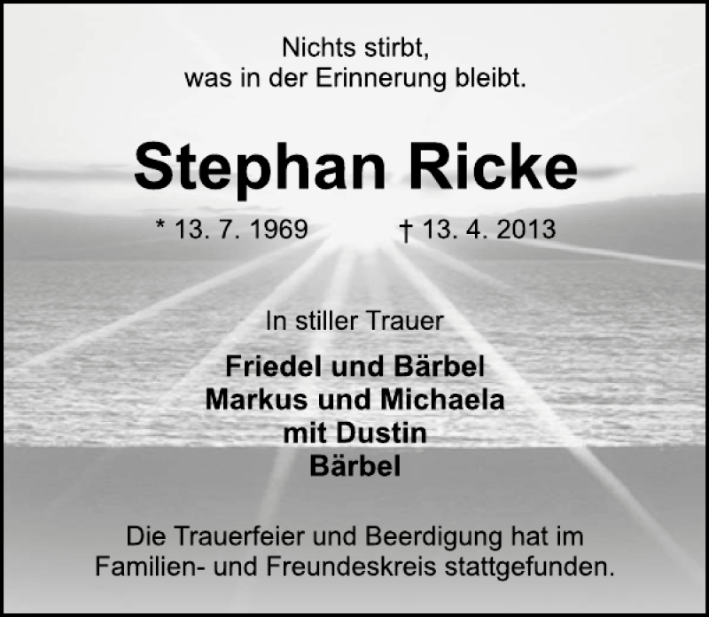  Traueranzeige für Stephan Ricke vom 27.04.2013 aus Deister- und Weserzeitung