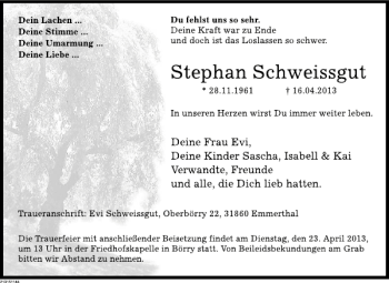Traueranzeige von Stephan Schweissgut von Deister- und Weserzeitung