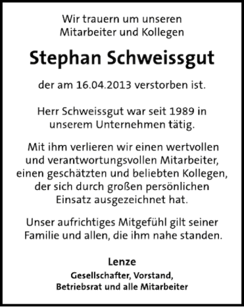 Traueranzeige von Stephan Schweissgut von Deister- und Weserzeitung