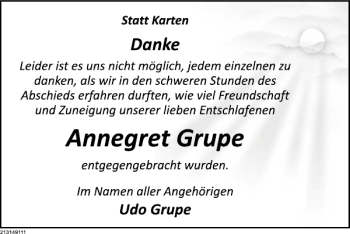Traueranzeige von TD Annegret Grupe von Deister- und Weserzeitung