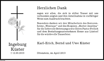 Traueranzeige von TD Ingeborg Küster von Deister- und Weserzeitung