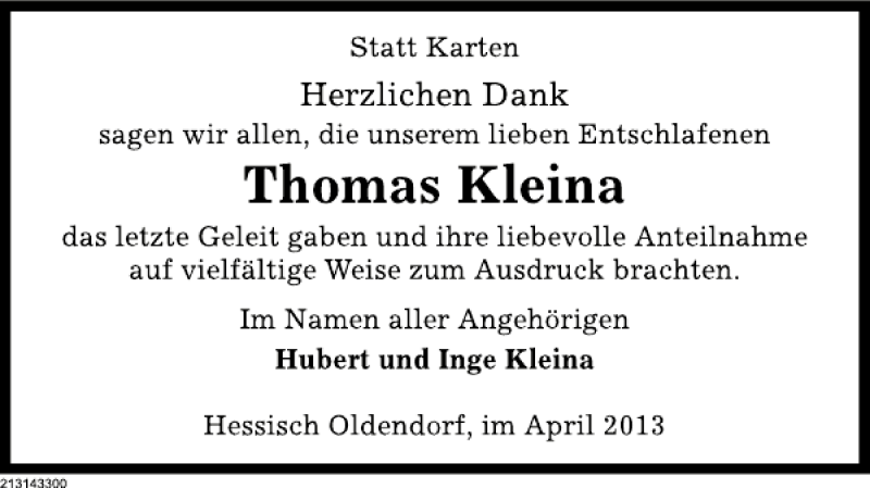  Traueranzeige für TD Thomas Kleina vom 06.04.2013 aus Deister- und Weserzeitung