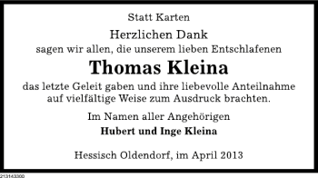 Traueranzeige von TD Thomas Kleina von Deister- und Weserzeitung