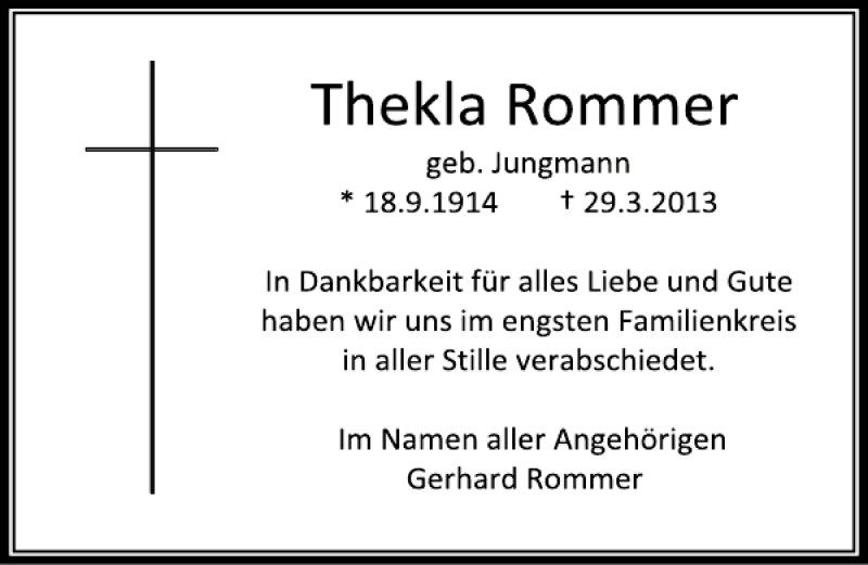  Traueranzeige für Thekla Rommer vom 13.04.2013 aus Deister- und Weserzeitung