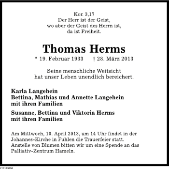 Traueranzeige von Thomas Herms von Deister- und Weserzeitung