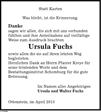Traueranzeige von Ursula Fuchs von Deister- und Weserzeitung
