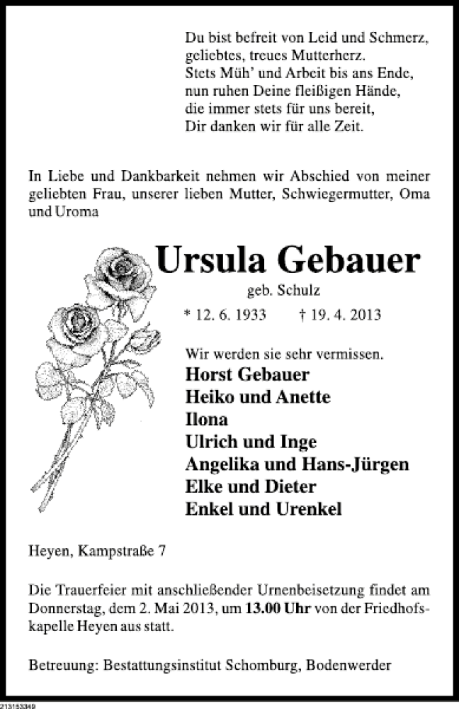  Traueranzeige für Ursula Gebauer vom 27.04.2013 aus Deister- und Weserzeitung