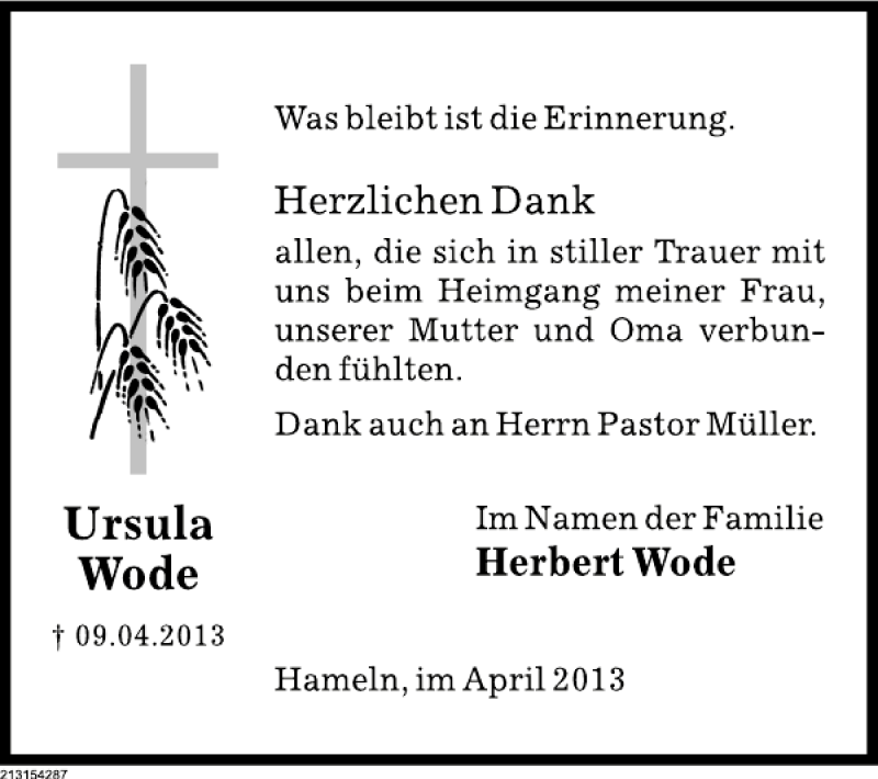  Traueranzeige für Ursula Wode vom 25.04.2013 aus Deister- und Weserzeitung