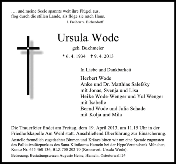 Traueranzeige von Ursula Wode von Deister- und Weserzeitung