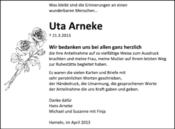 Traueranzeige von Uta Arneke von Deister- und Weserzeitung