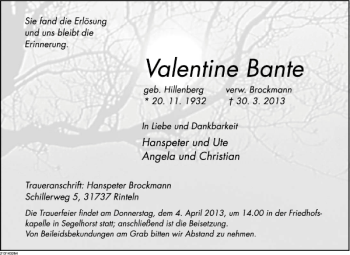 Traueranzeige von Valentine Bante von Deister- und Weserzeitung