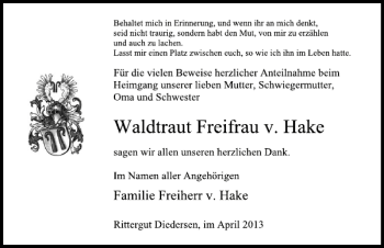 Traueranzeige von Waldtraut Freifrau v. Hake von Deister- und Weserzeitung