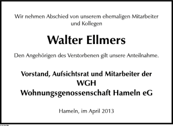 Traueranzeige von Walter Ellmers von Deister- und Weserzeitung