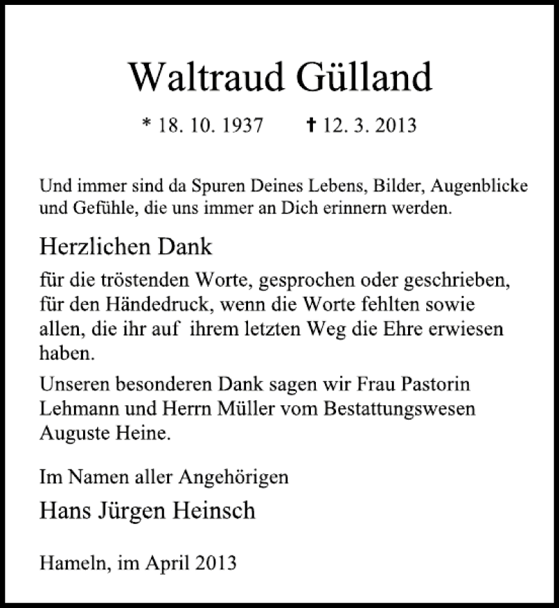  Traueranzeige für Waltraud Gülland vom 06.04.2013 aus Deister- und Weserzeitung