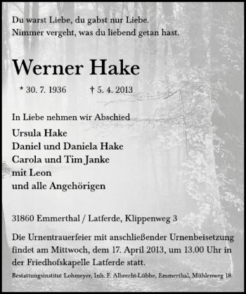 Traueranzeige von Werner Hake von Deister- und Weserzeitung