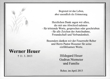 Traueranzeige von Werner Heuer von Deister- und Weserzeitung
