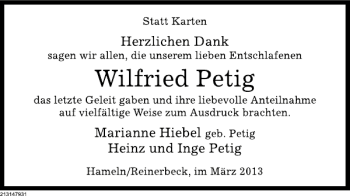 Traueranzeige von Wilfried Petig von Deister- und Weserzeitung