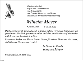 Traueranzeige von Wilhelm Meyer von Deister- und Weserzeitung